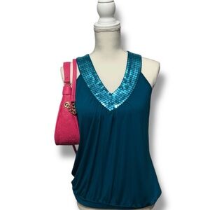 Teal Sequin V-Neck Women's Top